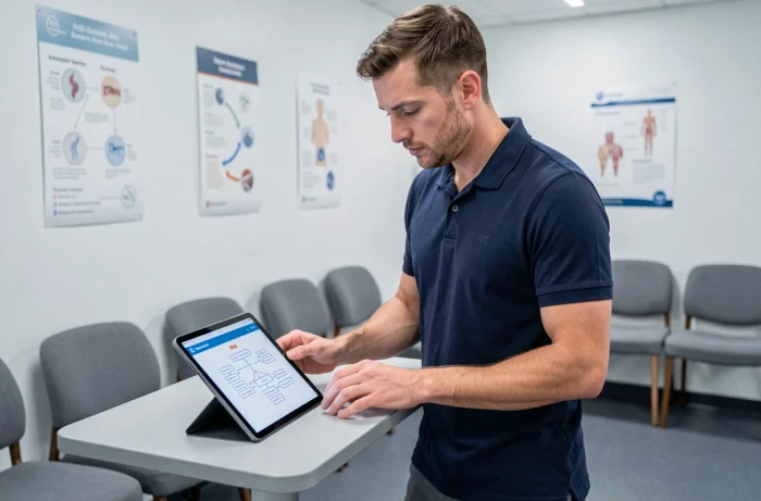 Homme consultant le sitemap d'un site de santé sur une tablette dans une salle d'attente médicale moderne