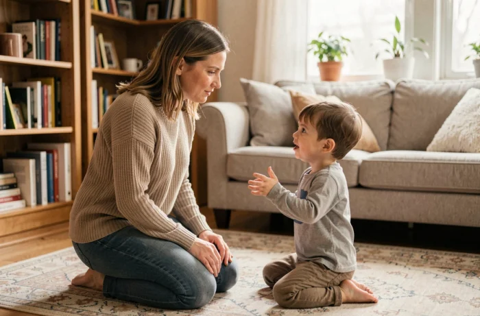 Une mère à genoux au niveau de son enfant, l'écoutant attentivement pour identifier ses émotions avant de réagir