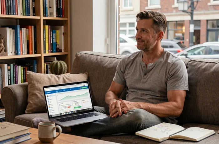 Travailleur indépendant optimisant son référencement SEO depuis son bureau à domicile avec un ordinateur portable