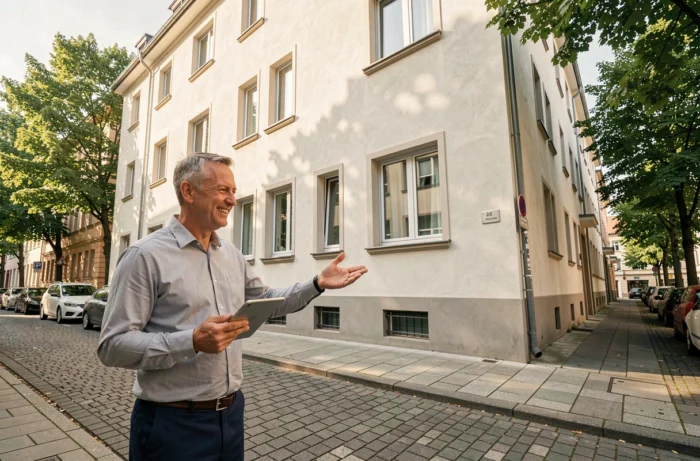 Investisseur immobilier debout devant un immeuble résidentiel rénové dans une rue urbaine européenne