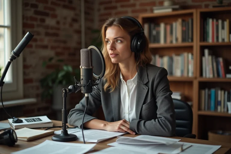 Journaliste indépendante française enregistrant un podcast dans un studio artisanal avec micro vintage et mur en briques