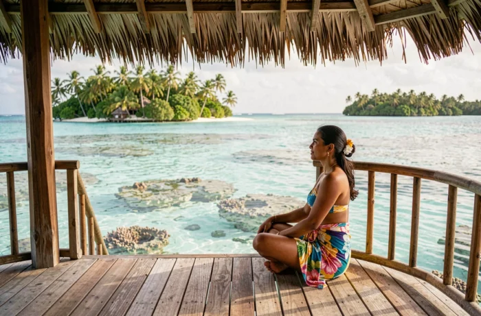 Femme polynésienne assise sur la terrasse d'un bungalow surplombant un lagon turquoise en Polynésie française