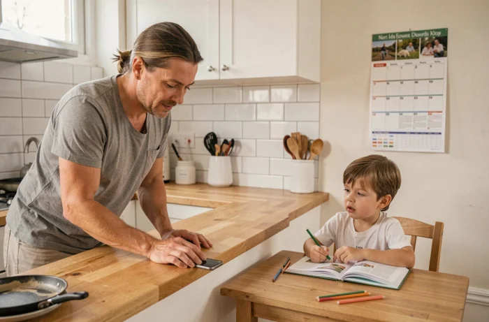 Un parent posant un téléphone face contre la table pendant qu'un enfant lit un livre, illustrant des limites de temps d'écran adaptées à l'âge