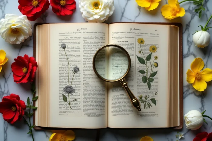 Livre botanique ancien ouvert sur une surface en marbre entouré de pétales de roses jaunes et d'anémones illustrant la signification cachée des fleurs