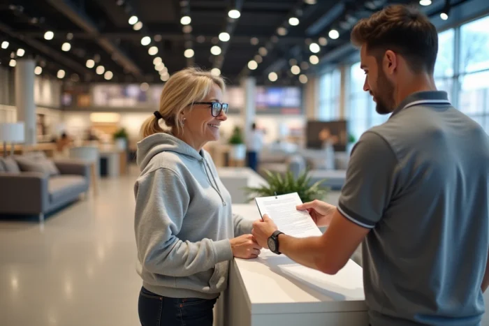 Femme signant un contrat de location de camion au comptoir d'un magasin de meubles