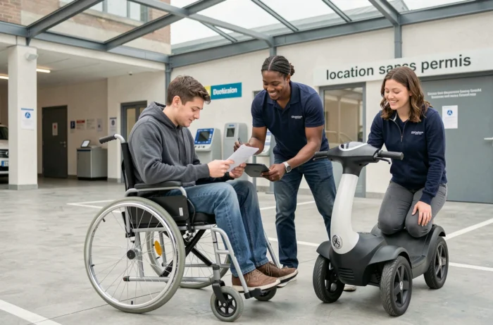Jeune homme en fauteuil roulant louant une voiture sans permis dans un centre de mobilité accessible