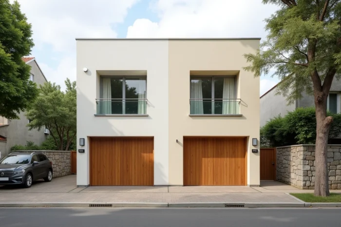 Vue extérieure de deux maisons mitoyennes partageant un garage commun dans un quartier résidentiel français