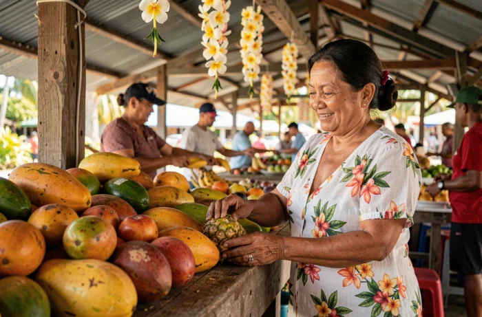 Marchande polynésienne arrangeant des fruits tropicaux colorés sur un étal du marché de Papeete à Tahiti