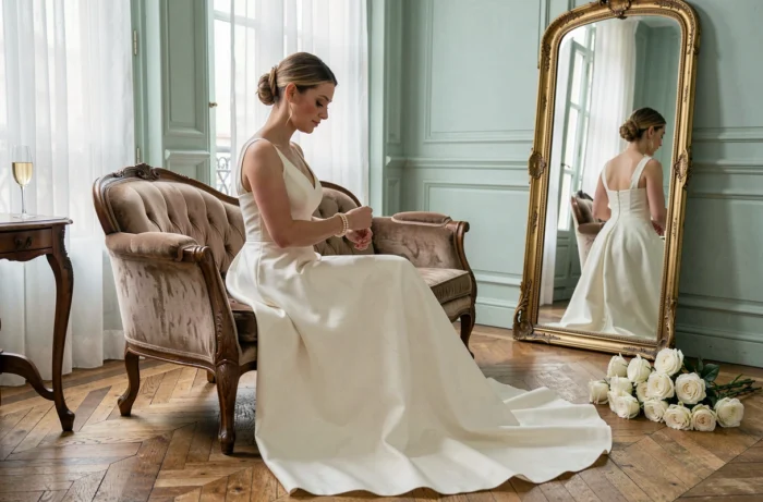 Mariée en robe de satin ajustant son bracelet de perles dans une élégante loge haussmannienne avant la cérémonie