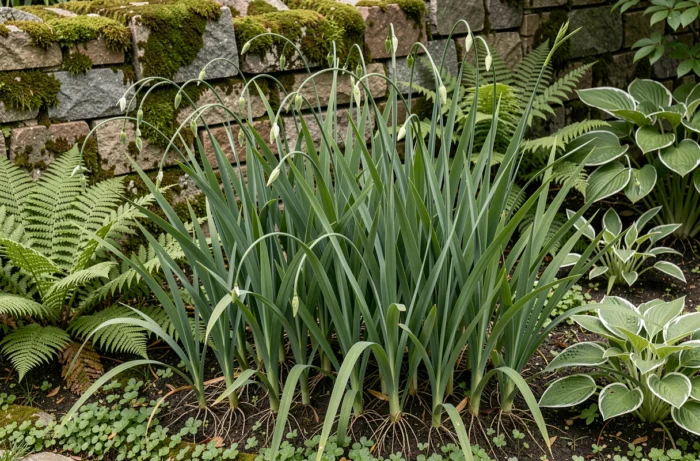 Massif d'iris marcheurs en jardin ombragé montrant la propagation naturelle par stolons