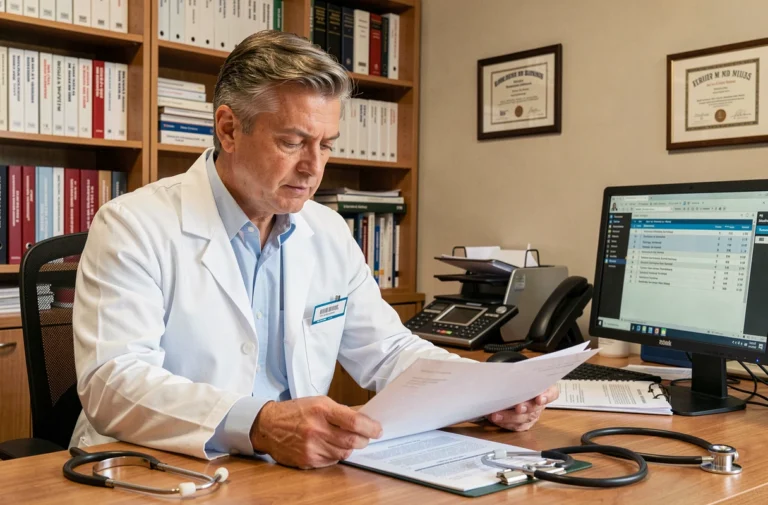 Médecin généraliste masculin en blouse blanche assis à son bureau consultant des dossiers médicaux dans un cabinet médical