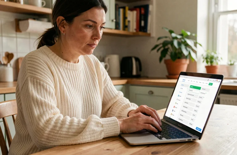 Mère de famille utilisant la page sitemap d'un site pour parents sur son ordinateur portable dans une cuisine moderne