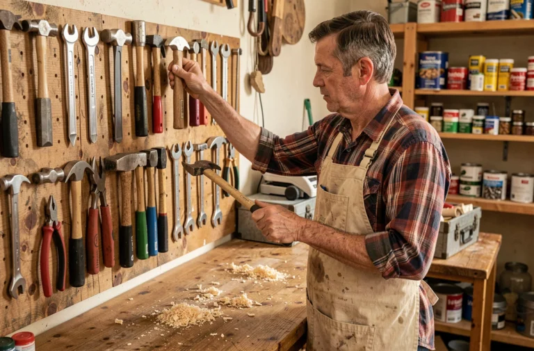 Homme organisant ses outils de bricolage sur un tableau perforé en bois dans un atelier maison bien équipé