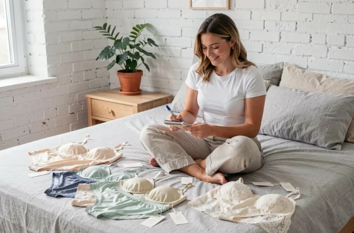 Femme organisant différents ensembles de lingerie sur un lit pour différentes occasions du quotidien