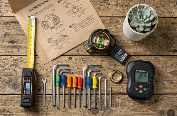 Flat-lay d'outils de bricolage innovants et connectés sur une surface en bois recyclé