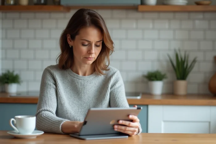 Parent consultant le portail ENT Charente 16 sur une tablette numérique dans la cuisine familiale