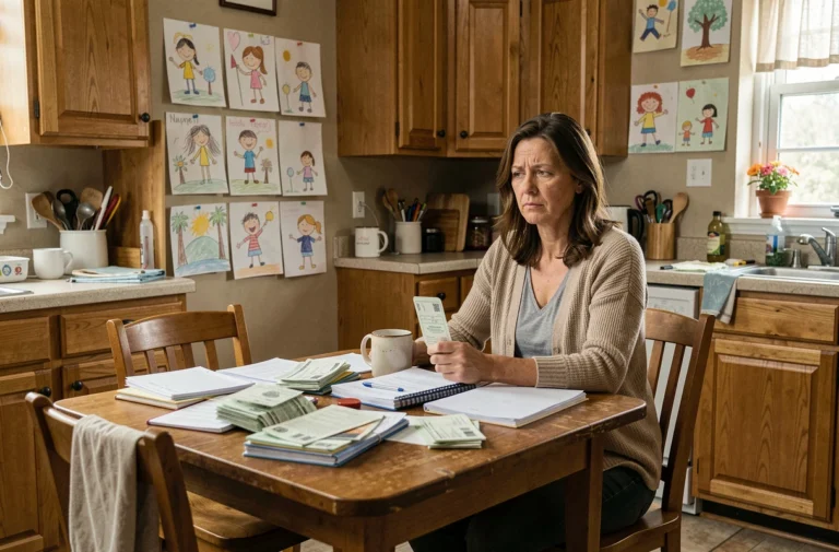 Mère seule assise à une table de cuisine encombrée, entourée de papiers et de dessins d'enfants, illustrant les défis du quotidien des parents en difficulté
