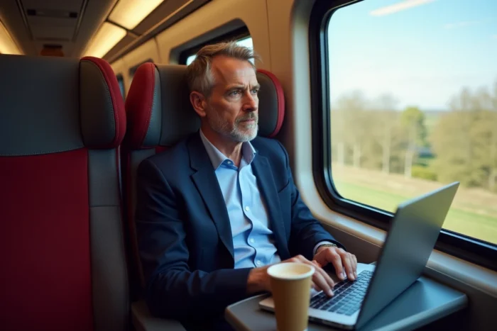 Passager travaillant dans un compartiment première classe du TGV, comparatif Eurostar TGV confort à bord