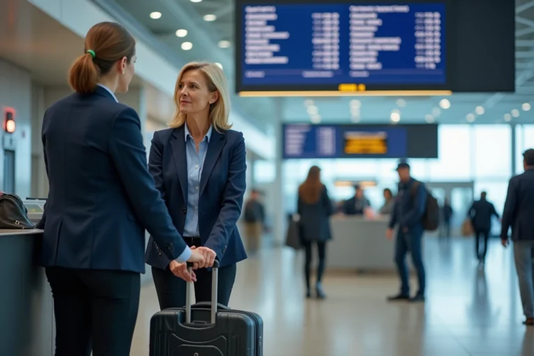 Passagère Air France en train de gérer un problème de no show au comptoir d'enregistrement de l'aéroport