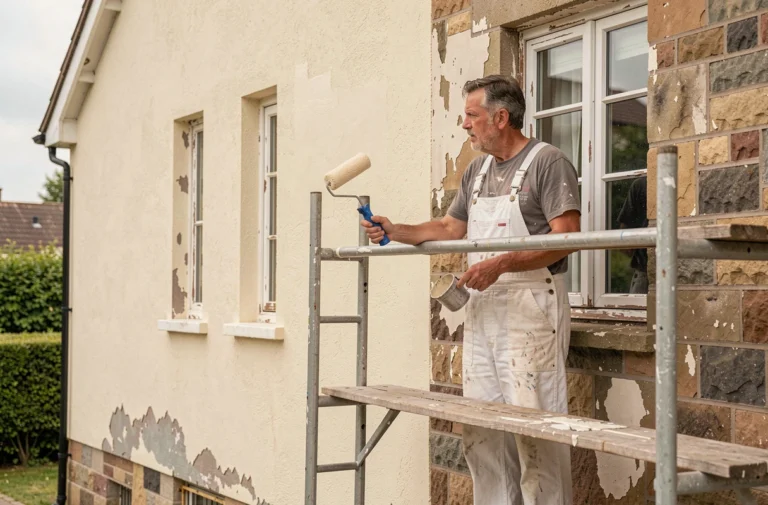 Peintre en bâtiment appliquant de la peinture sur la façade extérieure d'une maison avant une vente immobilière