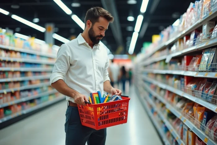 Père faisant ses courses de fournitures scolaires dans le rayon papeterie d'un supermarché Leclerc pour la rentrée 2026