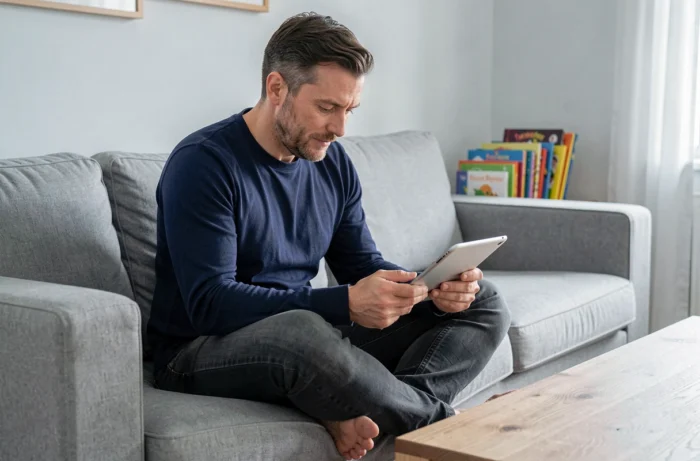 Père consultant la page sitemap d'un site dédié aux parents sur une tablette dans un salon familial