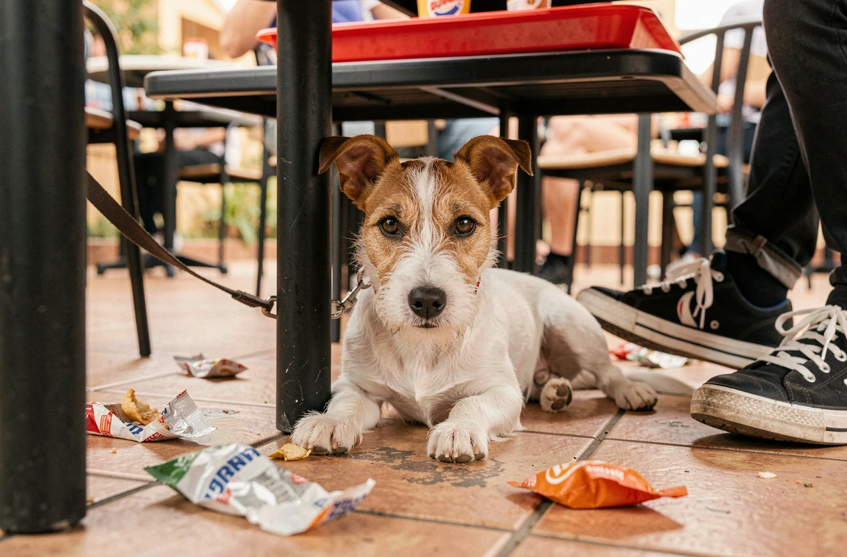 Petit chien Jack Russell attaché sous une table en terrasse de Burger King