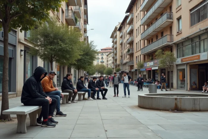 Place publique dégradée dans un quartier sensible de Montpellier avec groupes de jeunes adultes