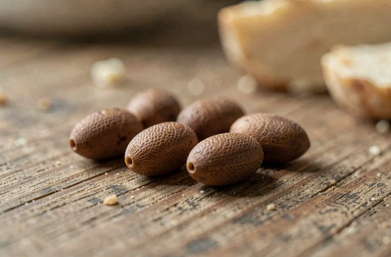 Pupes de mouche brunes en gros plan sur une surface en bois de cuisine, cycle de développement des mouches domestiques