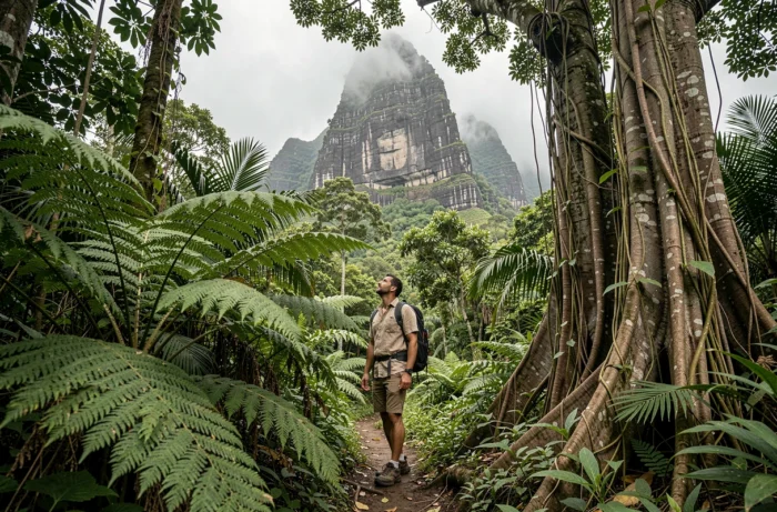 Randonneur sur un sentier de jungle à Moorea avec vue sur un pic volcanique en Polynésie française