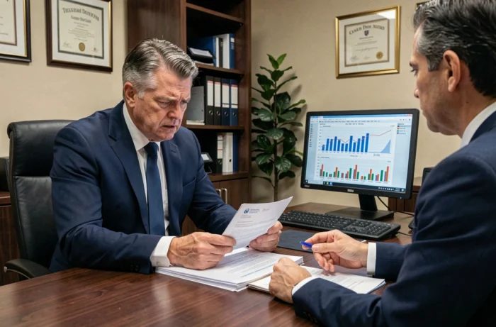 Homme en costume face à un conseiller bancaire discutant du remboursement anticipé d'un crédit immobilier