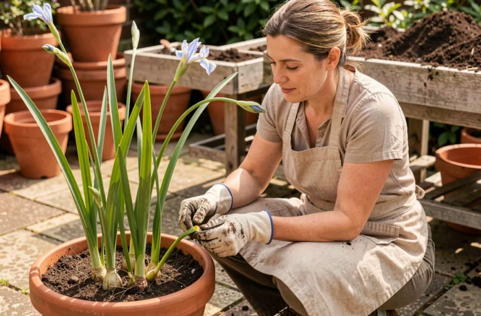Jardinière en train de repiquer un rejet d'iris marcheur dans un pot en terre cuite sur une terrasse