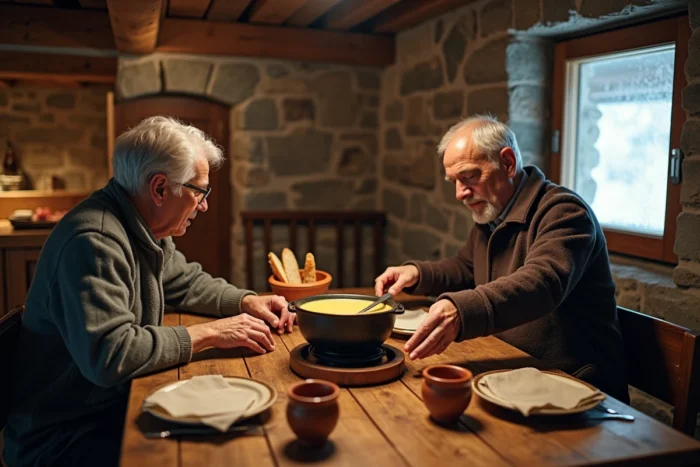 Repas traditionnel savoyard autour d'une fondue dans la salle à manger en bois d'un chalet de montagne
