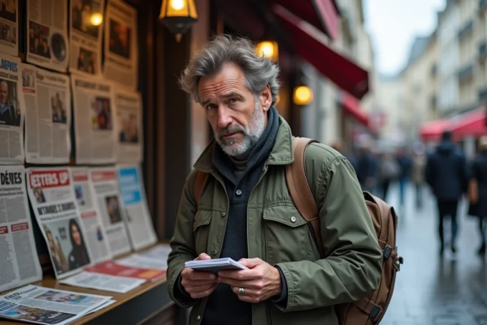 Reporter indépendant devant un kiosque à journaux parisien consultant ses notes avec presse indépendante en vitrine