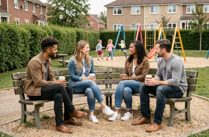 Un groupe de parents du quartier réunis sur un banc de parc pour partager des expériences et construire un réseau de soutien