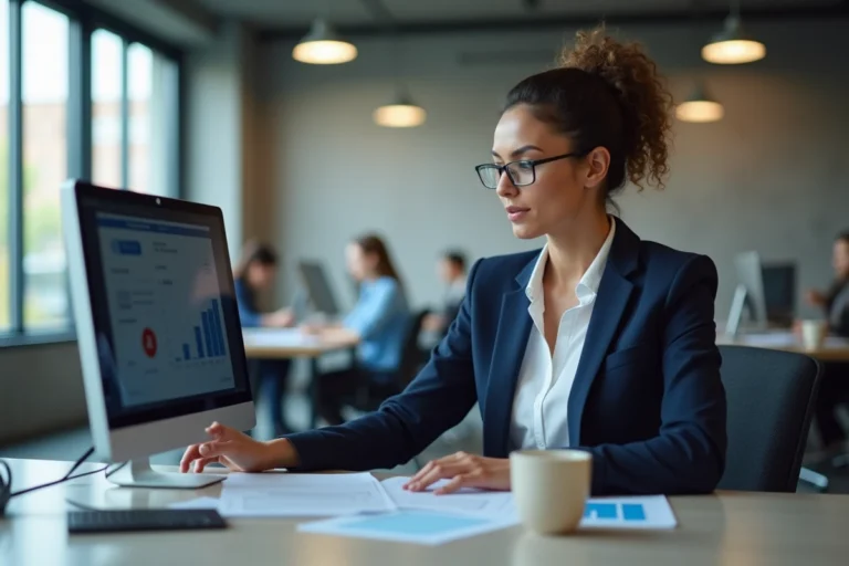 Responsable marketing en agence analysant une stratégie de campagne SMS sur son écran dans un bureau moderne