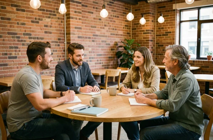 Groupe de collègues de différents âges en réunion participative autour d'une table dans un espace de coworking, échangeant avec attention