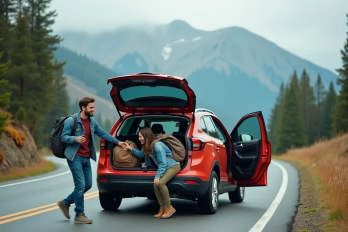 Jeune couple chargeant des bagages dans une voiture de location sur une route de montagne pittoresque pour un road trip