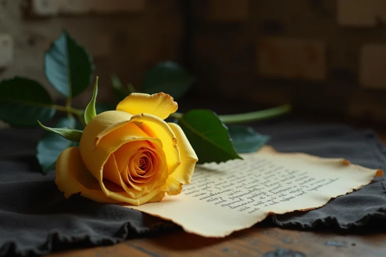 Rose jaune fanée posée sur une vieille table en bois avec une lettre manuscrite déchirée, symbolisant la trahison dans le langage des fleurs