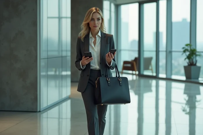 Femme professionnelle portant un sac cartable en cuir noir structuré dans le hall d'un immeuble de bureaux moderne, illustrant le choix du sac idéal pour un cadre de travail et des occasions formelles