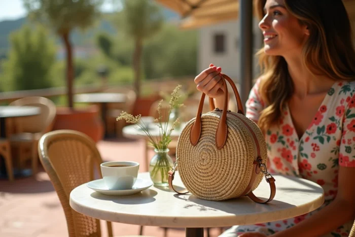 Jeune femme avec un sac bandoulière en raphia tressé posé sur une table de café en terrasse, parfait pour illustrer le choix d'un sac décontracté et tendance pour les occasions estivales