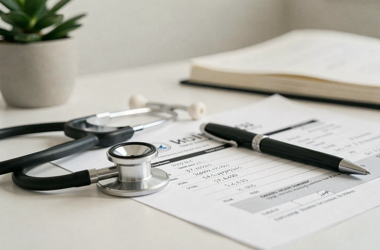 Stéthoscope posé à côté d'une fiche de paie sur un bureau blanc symbolisant le salaire d'un médecin généraliste