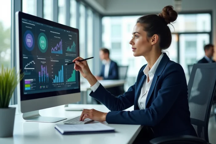 Professionnelle en blazer marine analysant des tableaux de bord digitaux et des métriques de réseaux sociaux sur un grand écran dans un bureau moderne