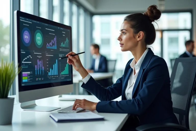 Professionnelle en blazer marine analysant des tableaux de bord digitaux et des métriques de réseaux sociaux sur un grand écran dans un bureau moderne