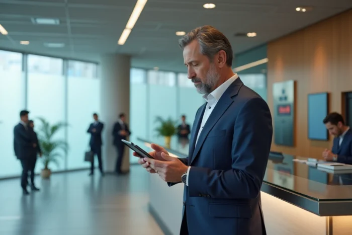 Homme en costume utilisant une application bancaire sur tablette dans une agence bancaire moderne