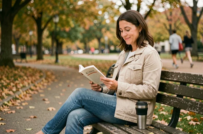 Une mère profitant seule d'un moment de lecture sur un banc de parc lors de son créneau personnel hebdomadaire non négociable