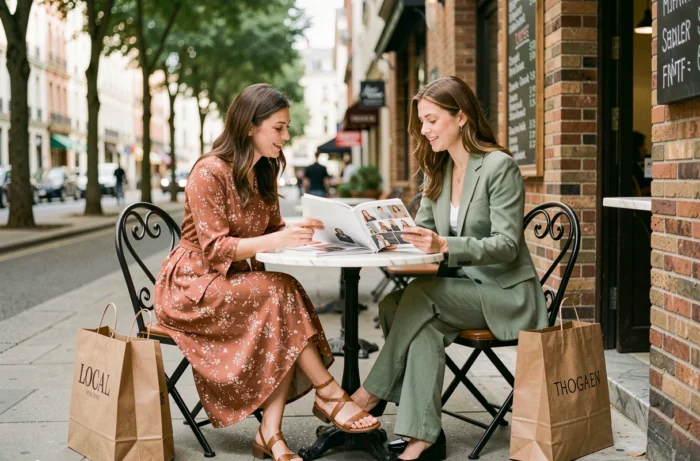 Deux amies stylées en terrasse de café parisien feuilletant un lookbook de mode saisonnière entourées de sacs shopping tendance