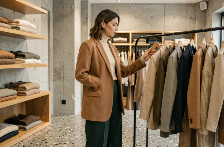 Femme élégante dans une boutique parisienne minimaliste découvrant les tendances mode de la saison avec un blazer camel oversize et un pantalon large vert forêt