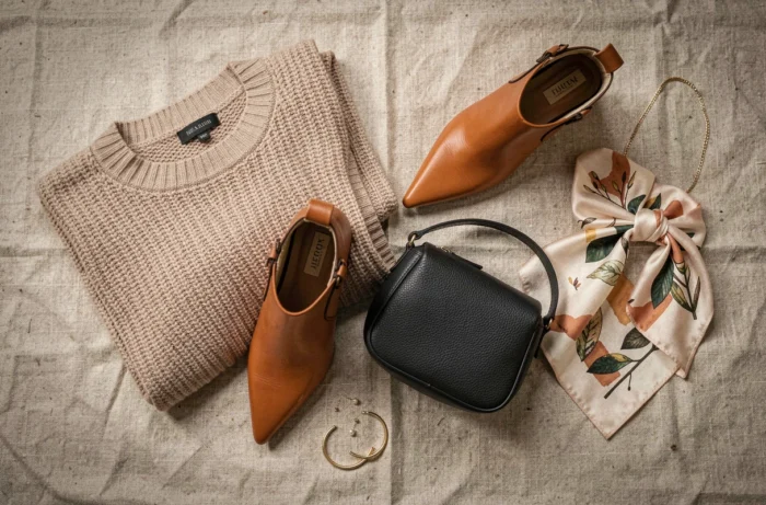 Composition flat-lay de sélection mode automnale avec pull en maille, bottines en cuir cognac, sac bandoulière et foulard en soie sur fond de lin naturel