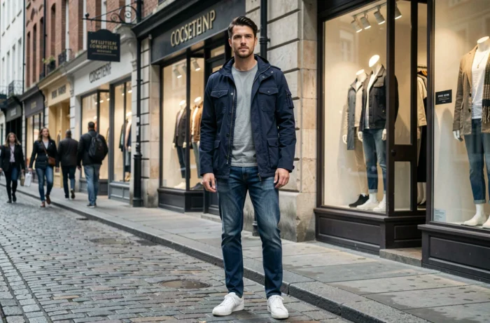 Homme tendance en veste utility marine et jean raw denim devant des boutiques de mode indépendantes sur une rue pavée animée